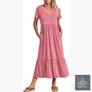 Maxi Dress Summer Casual V-Neck Tiered Flowy Sundress Short Sleeve